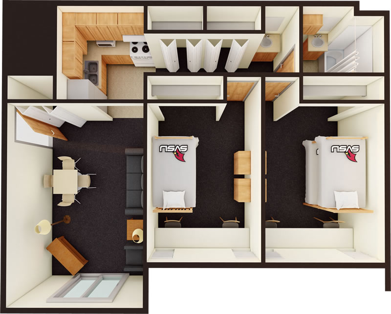 Pine Grove Shared Apartment Option 2 3D Floor Plan in color